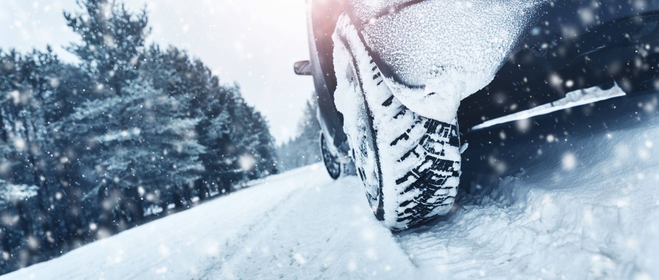 A close-up view of a vehicle's heavily treaded winter tire rolling through deep snow on a forested road while snowflakes fall