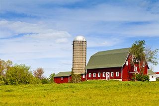 A large red barn with a green roof and a tall, domed silo stands in a vibrant green field under a bright blue sky with wispy clouds