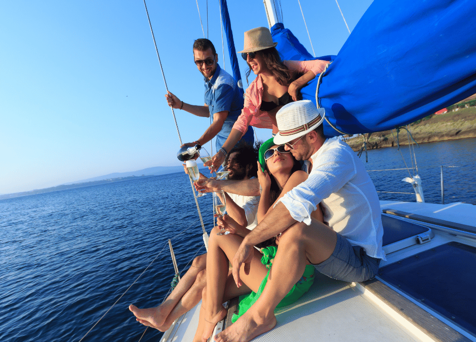 A diverse group of people enjoying a sunny day on a boat, smiling and engaging with each other