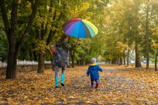 Person sitting on a park bench holding a red umbrella on a rainy autumn day.